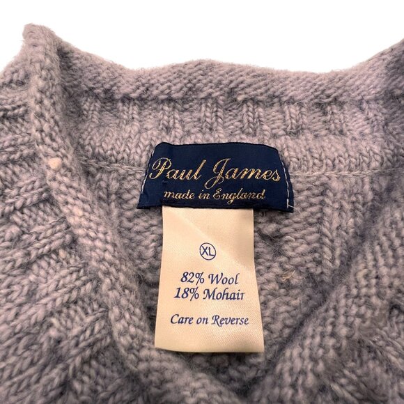 Paul James England Wool Cable Knit Fisherman V-neck Sweater, Gray, XL - Picture 2 of 6